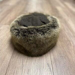 Barbour Green and Gray Plaid Hat with Faux Fur Trim